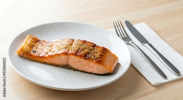 Obraz Grilled salmon fillet with sesame seeds on white plate with silverware and napkin on a light wooden table