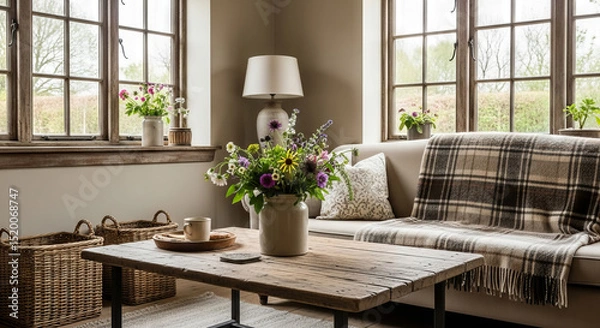 Fototapeta Cozy living room interior with a cheerful mood featuring flowers on a rustic table