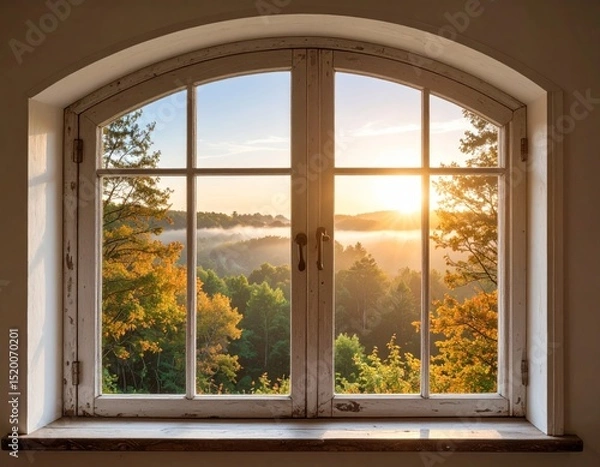 Fototapeta A vintage window reveals a sunrise over a misty valley.  Autumn colors paint the hillsides