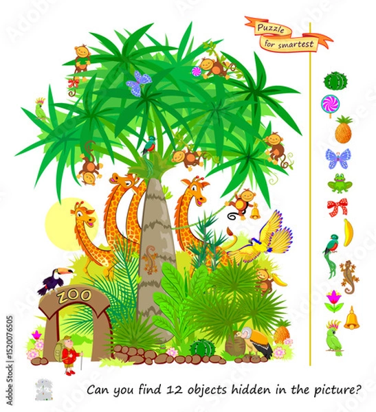 Fototapeta Can you find 12 objects hidden in the picture? Logic puzzle for smartest. Search and find game. Illustration of tropical zoo. Page for kids brain teaser book. Flat vector drawing. IQ test.