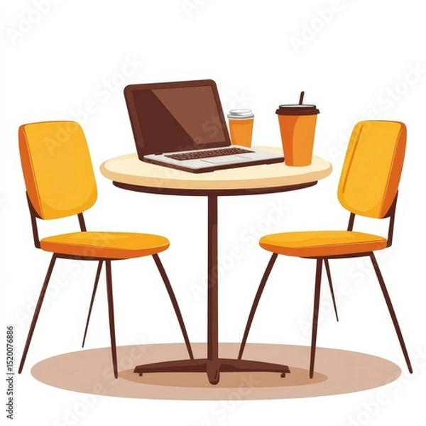 Fototapeta Digital Nomad Living Concept, a coffee shop table with laptop clipart, mobile office setup, flat design style, earthy colors, isolated on white background