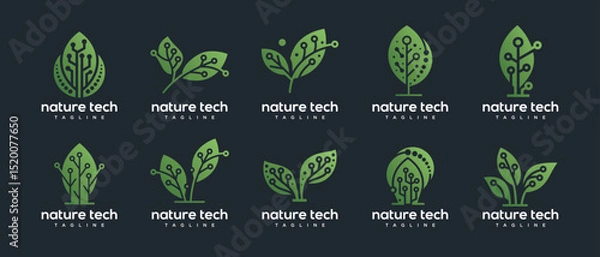 Fototapeta Green leaf technology logo design template collection. Nature leaf digital technology logo design vector icon