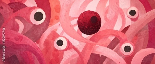 Fototapeta Tentacles with eyes observing a dark red ball in a pink abstract world