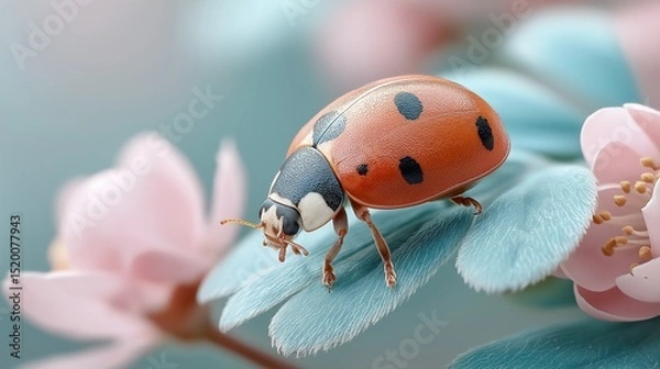 Obraz Ladybug Crawls Across Delicate Pink Spring Blooms Beautiful Insect Explores Floral Garden Landscape
