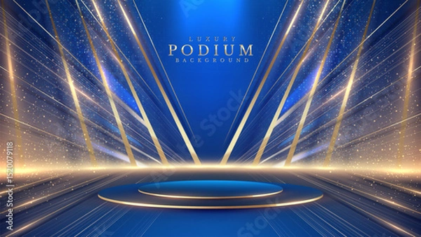 Fototapeta Empty blue stage scene with golden neon light lines. Luxury background design concept. Perfect for awards ceremony, celebrations and grand openings. Vector illustration.