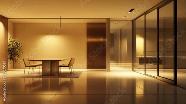 Fototapeta Rendered image of a modern apartment's interior, showcasing a dining area with a table and chairs, and a spacious, empty living room with beige walls