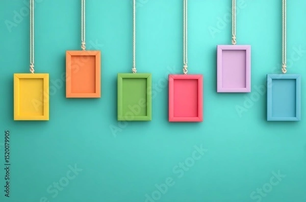 Obraz Six colorful empty frames hanging on strings against turquoise wall