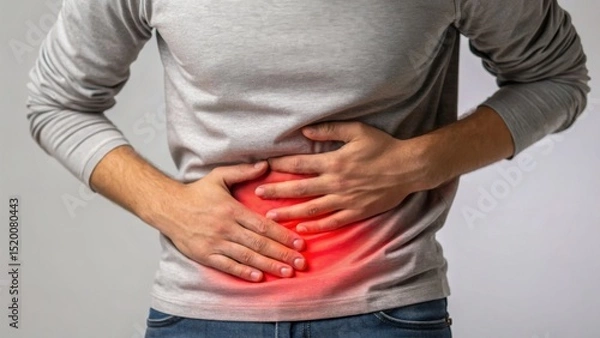 Fototapeta Gut Health and IBS Symptoms – Digestive Wellness Concept, A person holds their abdomen with one hand while looking contemplatively, indicating discomfort or reflection.