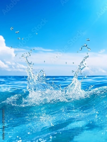 Obraz Blue Lake Splashes and Sun - Serene water splashes on a vibrant blue lake under a sunny sky. Symbolizing purity, freshness, tranquility, energy, and freedom
