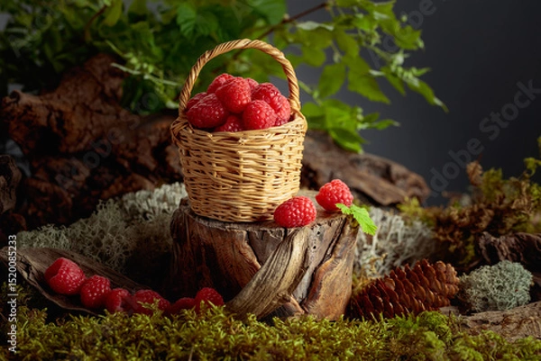 Obraz Small wicker basket filled with fresh, ripe raspberries.