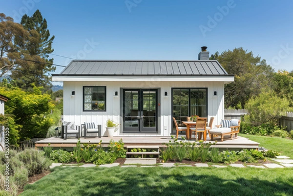 Fototapeta Professional photo of a single-level ADU with modern farmhouse style, frontal elevation view, showcasing the backyard in Marin County, California...
