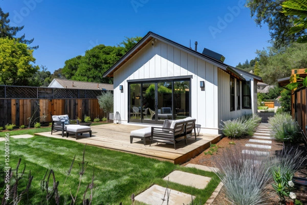 Fototapeta Professional photo of a single-level ADU with modern farmhouse style, frontal elevation view, showcasing the backyard in Marin County, California...