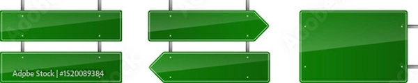 Fototapeta Set of green road signs. Blank traffic signs, highway boards, signposts, and signboards. Realistic traffic signs isolated on a white background. Vector