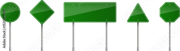 Fototapeta Set of green road signs. Blank traffic signs, highway boards, signposts, and signboards. Realistic traffic signs isolated on a white background. Vector