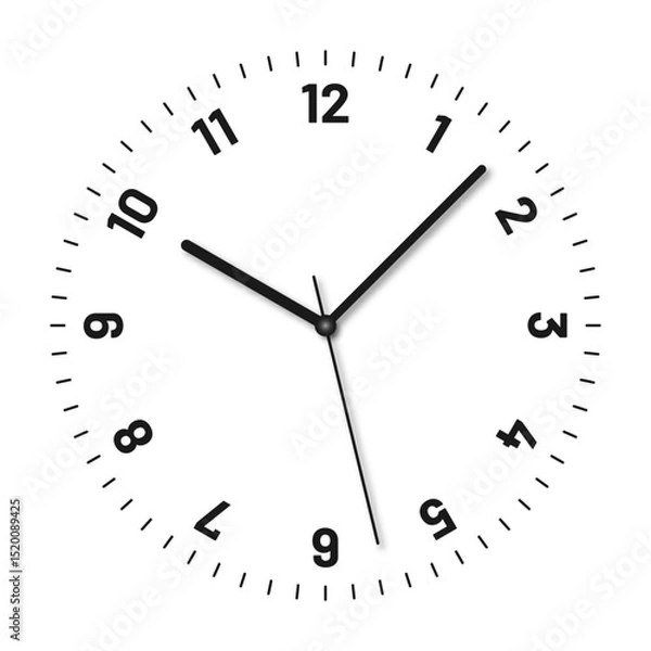 Fototapeta Modern clock face with numbers and clock hands. Blank clock dial with hours, minutes, and seconds hands. Vector