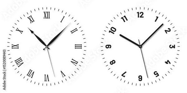 Fototapeta Vintage and modern clock faces with Roman numerals and retro hands. Blank clock dial with hours, minutes, and seconds hands. Victorian clock dial with hands. Roman and modern numbers. Vector