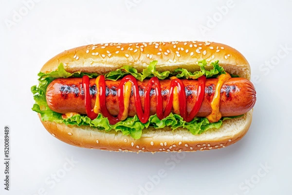 Fototapeta Close-up of a grilled hot dog in a sesame bun with fresh lettuce, ketchup, and mustard on a white background.