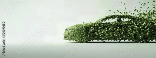 Fototapeta A nature-inspired eco-friendly car wrapped in vibrant greenery on a minimalist background.