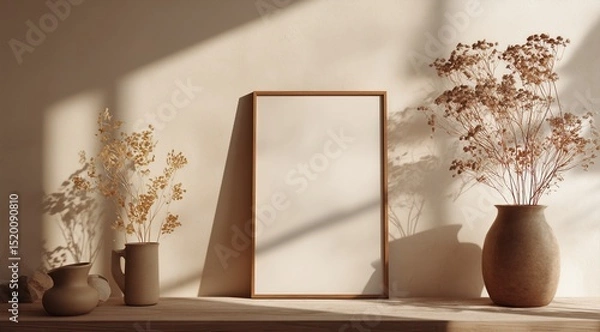 Fototapeta Wooden frame with ceramic vases