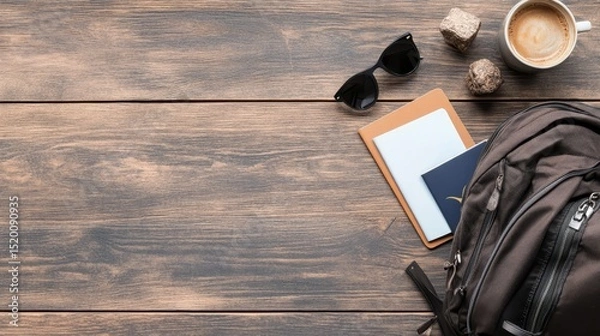 Obraz Travel Essentials: A Rustic Wooden Background - Flatlay showcasing travel essentials: backpack, passport, sunglasses, notebook, and coffee. Symbolizing adventure, journey, exploration, relaxation