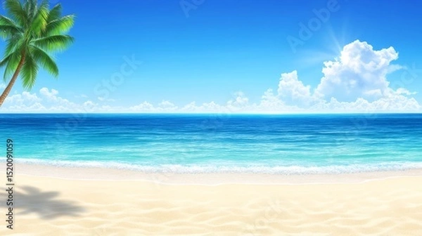 Obraz Tropical Beach Paradise - Serene tropical beach scene with clear blue water, white sand, and a palm tree. Perfect for travel, vacation, or summer themes