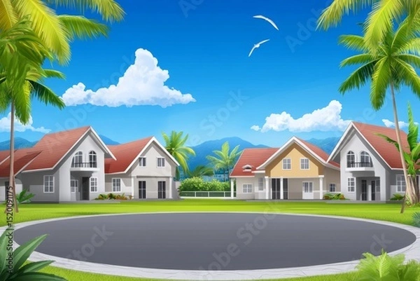 Obraz Tropical Suburban Homes - Idyllic cartoon- of three charming houses nestled in a tropical setting, complete with palm trees and a clear blue sky