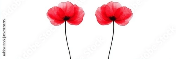 Obraz Two Red Poppies on White - Elegant of two red poppies, stems extending downwards, set against a pure white background. Ideal for sympathy cards, memorial, or nature themes