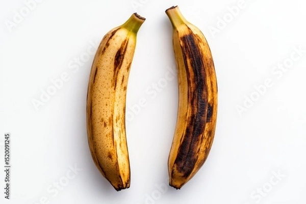 Obraz Two Overripe Bananas on White Background - A pair of overripe bananas, one slightly more bruised than the other, rests against a stark white backdrop. The symbolizes aging, contrast, ripeness, decay