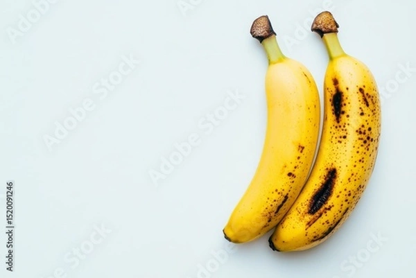 Obraz Two Ripe Bananas on White Background - Close-up of two slightly bruised ripe bananas on a white background