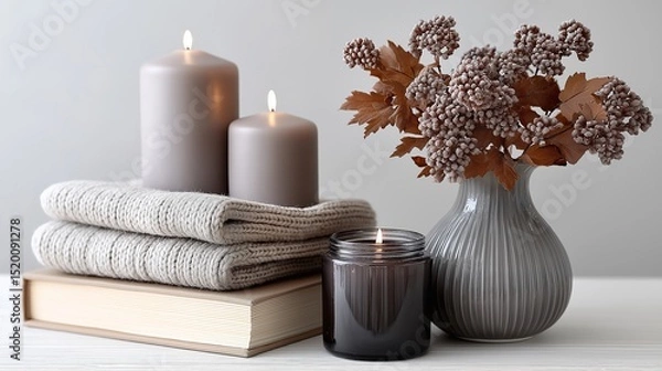 Obraz  Candles Books And Warm Textiles Create Peace Relaxation Finds You With Gentle Light And Flowers