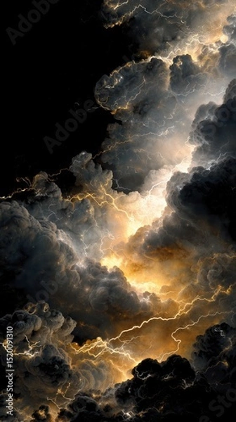 Fototapeta Jagged golden lightning bolts carve through the midnight storm, shimmering against a sea of shadowy clouds.