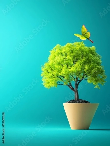 Obraz Vibrant Green Bonsai Tree with Butterfly - A lush green bonsai tree in a beige pot, a yellow butterfly nearby, set against a teal background. Symbolizes growth, nature, serenity