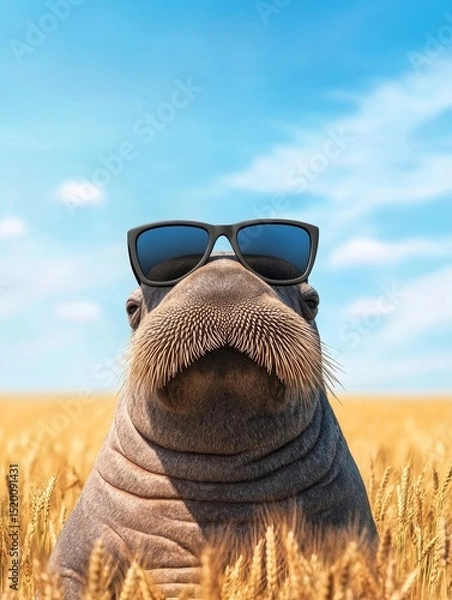 Obraz Walrus in Sunglasses Wheat Field - A walrus wearing sunglasses sits in a field of golden wheat under a bright blue sky
