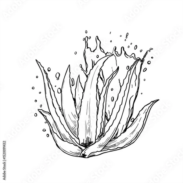 Fototapeta Vector monochrome aloe plant with dynamic water splashes illustration in black and white design. Antiseptic water wave etching drawing for spa branding, cosmetic packaging, organic beauty product