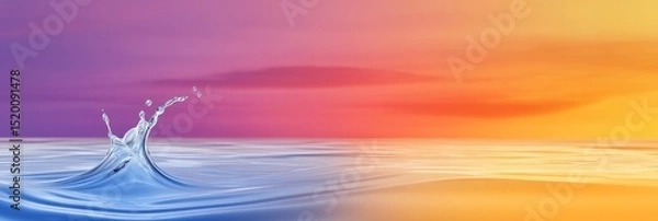 Obraz Water Splash at Sunset - A single water splash in the foreground against a vibrant sunset sky and calm ocean. Serene and tranquil