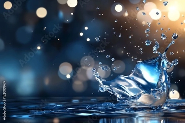 Obraz Water Drop Splash on Dark Background - Stunning of a water drop splashing, creating a crown-like shape against a bokeh background. Perfect for concepts of purity, freshness, and nature