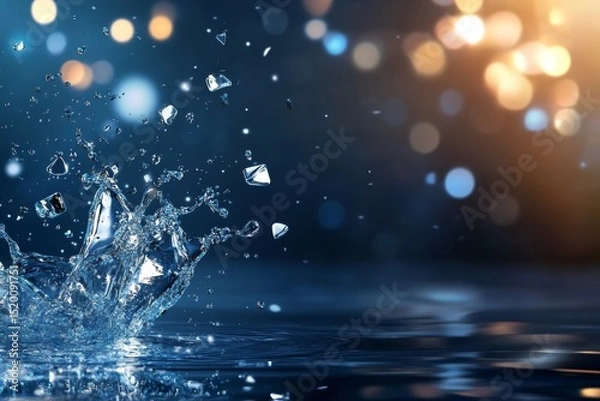 Fototapeta Water Splashing with Bokeh Background - Close-up shot of a water splash against a blurred background of golden and blue bokeh lights. Perfect for refreshing concepts