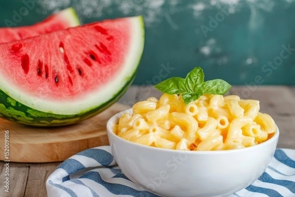 Obraz Watermelon and Mac and Cheese Summer Delight - A refreshing summer combination of juicy watermelon and creamy mac and cheese. Symbolizing summer, comfort food, unexpected pairings, vibrant colors