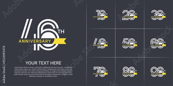 Fototapeta Anniversary logo type set with double line number. white color with small yellow ribbon for celebration event