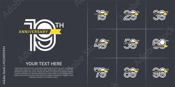 Fototapeta Anniversary logo type set with double line number. white color with small yellow ribbon for celebration event