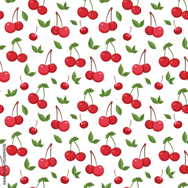 Fototapeta Seamless pattern of cherries and leaves. Vector illustration in flat style. Suitable for banners, fabric, wrapping paper,backgrounds.