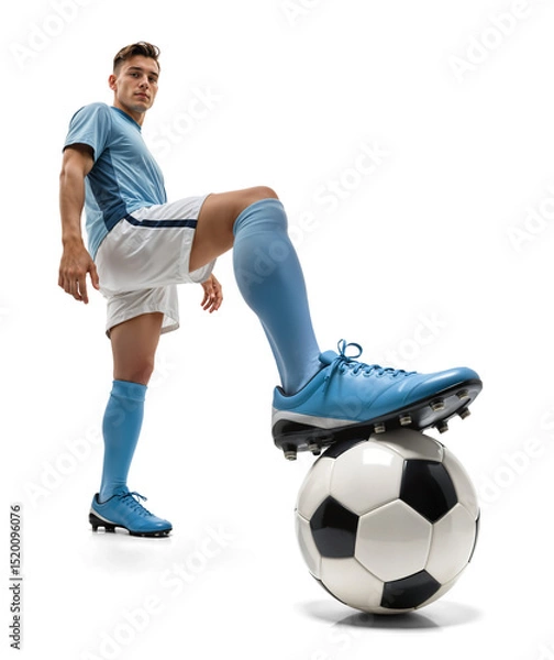 Fototapeta Stylish dynamic zoom pose of a soccer player with his foot on ball on isolated background