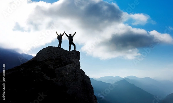 Fototapeta The passion and success of two mountain climbers in the summit mountains