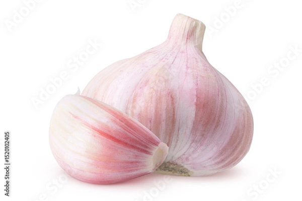 Fototapeta Garlic on isolated white background. Whole and head of garlic, 2 objects.