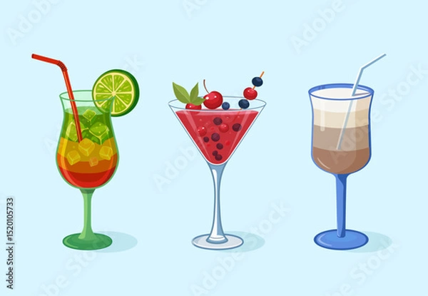 Fototapeta Set of summer drinks with straws and ice cubes. Lemonade, martini and iced coffee. Vector illustration on light blue background. For bar/cafetheme, menu design.