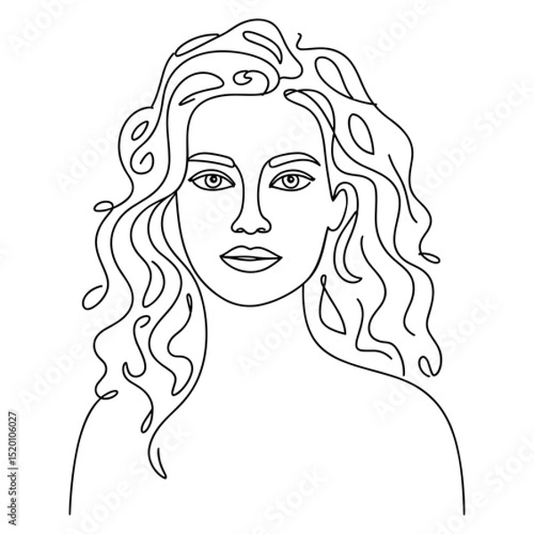 Fototapeta Minimalist portrait of a woman with curly hair, continuous line art, vector illustration