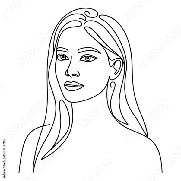 Fototapeta Black and white continuous line vector illustration of a woman with long hair