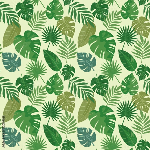 Fototapeta Seamless pattern with tropical leaves. Exotic jungle plants, tropical vacation theme. For banner, background, wrapping paper, textile.Vector illustration on light yellow background.
