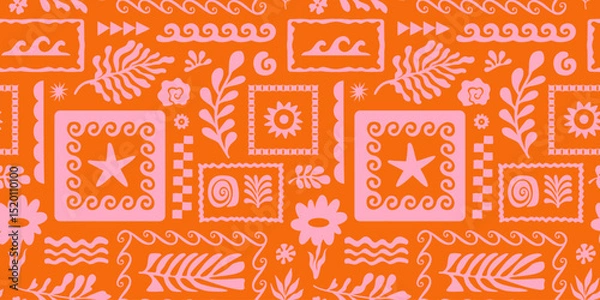 Fototapeta Vector hand drawn seamless pattern graphics with silhouette summer and vacation illustrations, print design template, tropical illustrations, frames and borders in simple trendy naive cut out style wi