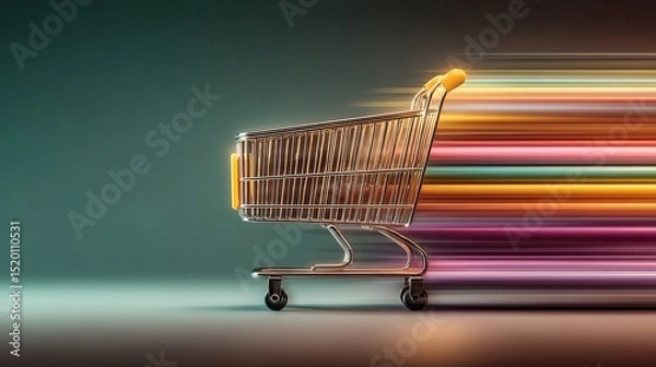 Obraz Golden Shopping Cart with Colorful Motion Blur and Glowing Effect